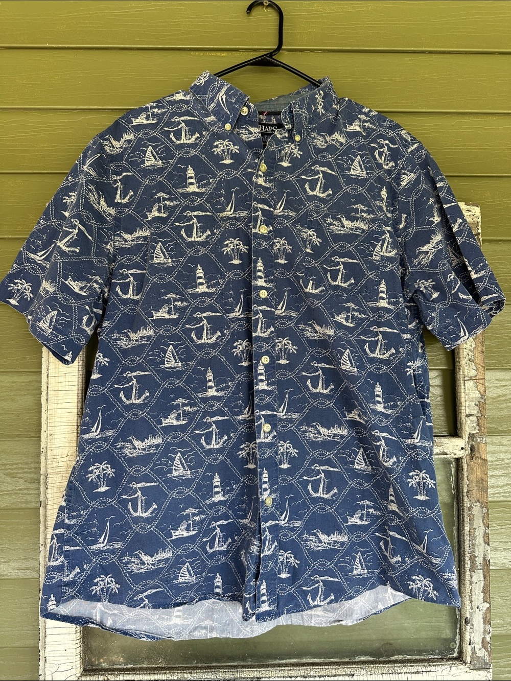 Chaps Navy Short-Sleeve Nautical Print Button-Down Shirt